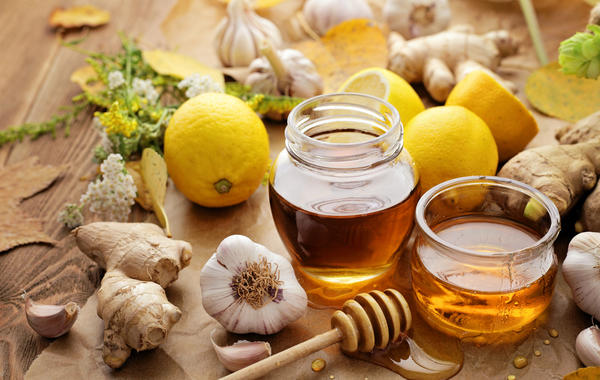 Honey, garlic, herbs, lemon and ginger - natural medicine, healthy food